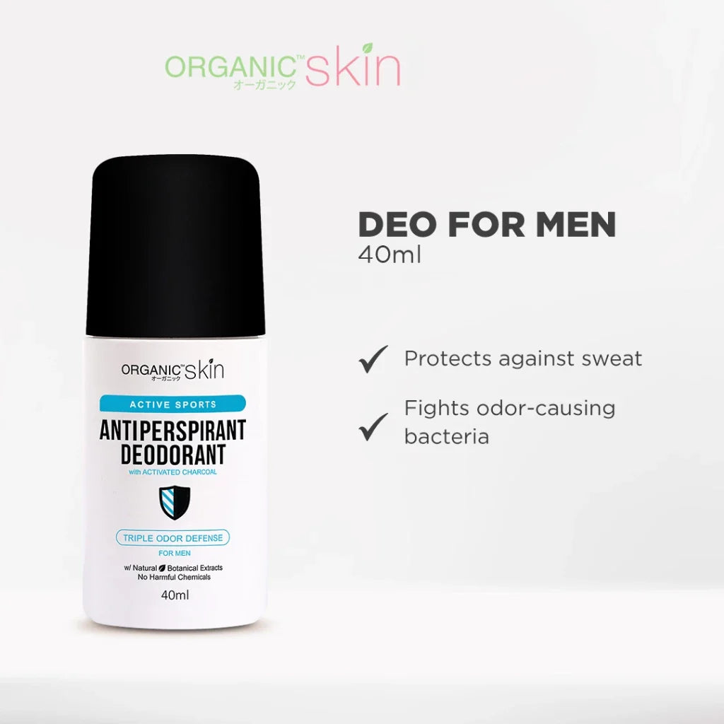 Deodorant container with 'Organic Skin' branding on a white background