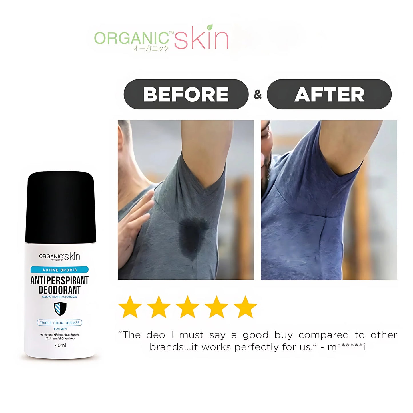 Organic Skin deodorant before and after showing effectiveness on armpits.