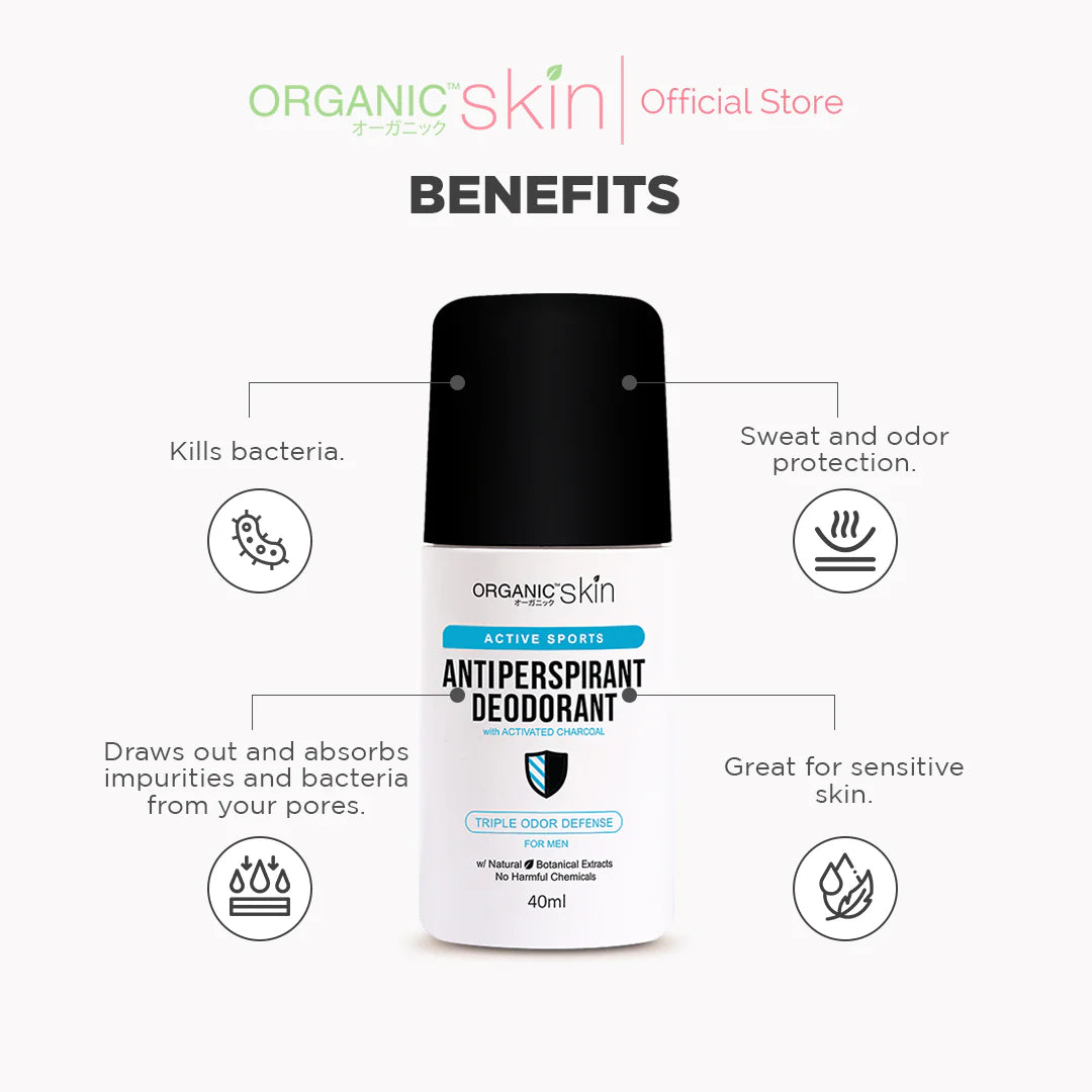 Organic Skin deodorant bottle with benefits listed on a white background