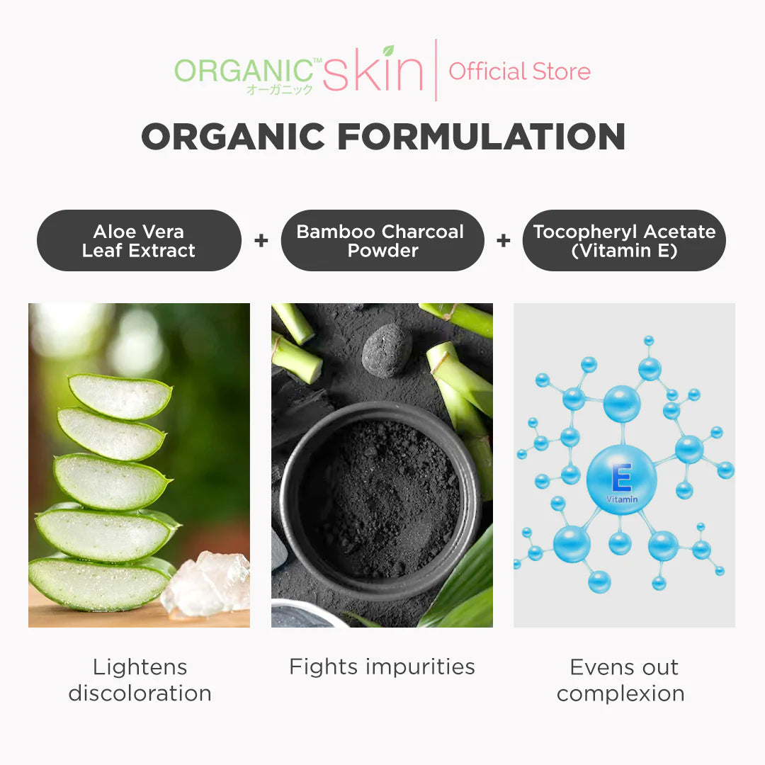 Organic skincare product ingredients with aloe vera, bamboo charcoal, and vitamin E on a white background.