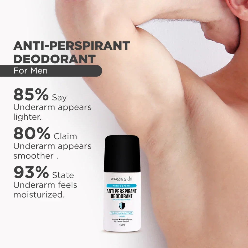 Anti-perspirant deodorant for men with product and statistics on benefits.