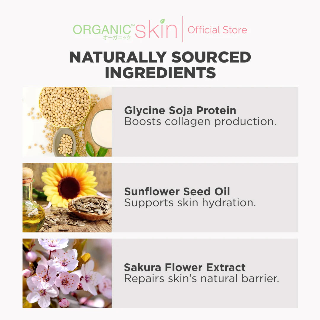 Organic Skin product listing with naturally sourced ingredients and their benefits.