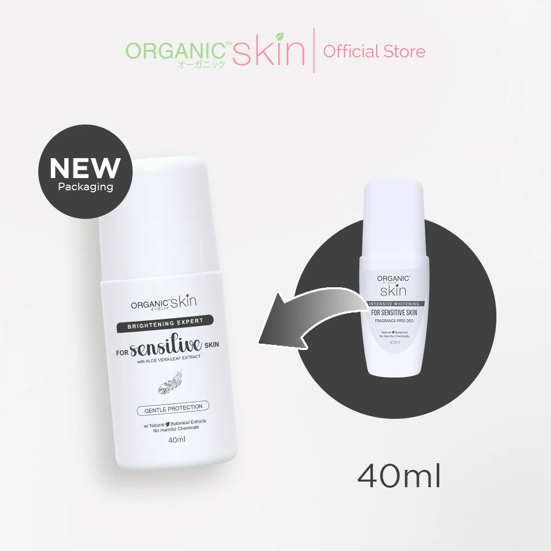 Two bottles of Organic Skin skincare product with a black circle and arrow in the middle on a white background.