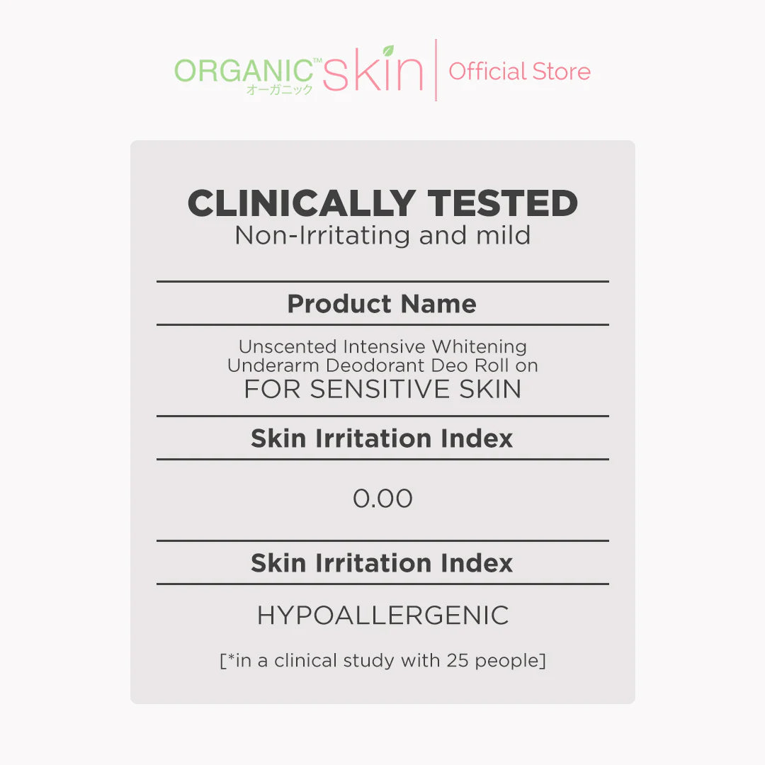 Product label for Organic Skin deodorant roll-on with clinical testing information.