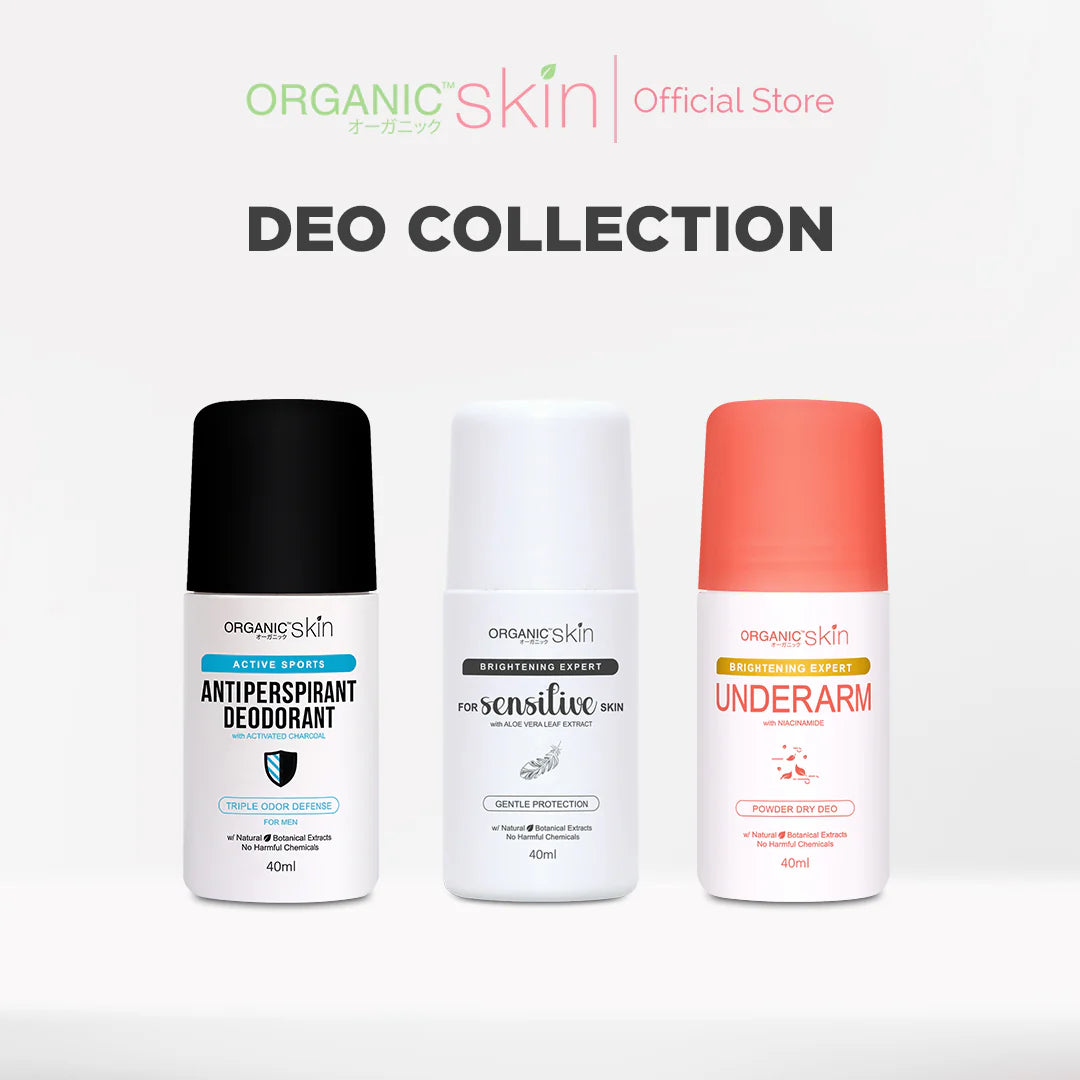 Three Organic Skin deodorant products on a white background with 'Organic Skin' branding.