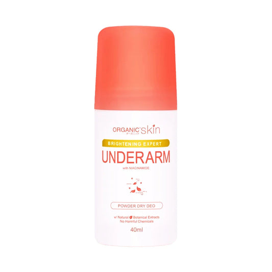 A bottle of Organic Skin Intensive Whitening Powder Dry Deo designed for underarm whitening, with a pink cap and white body, labeled in English.