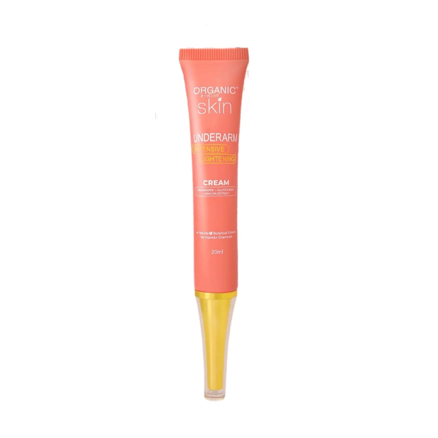 A tube of Organic Skin Underarm Intensive Lightening Cream with pink packaging.