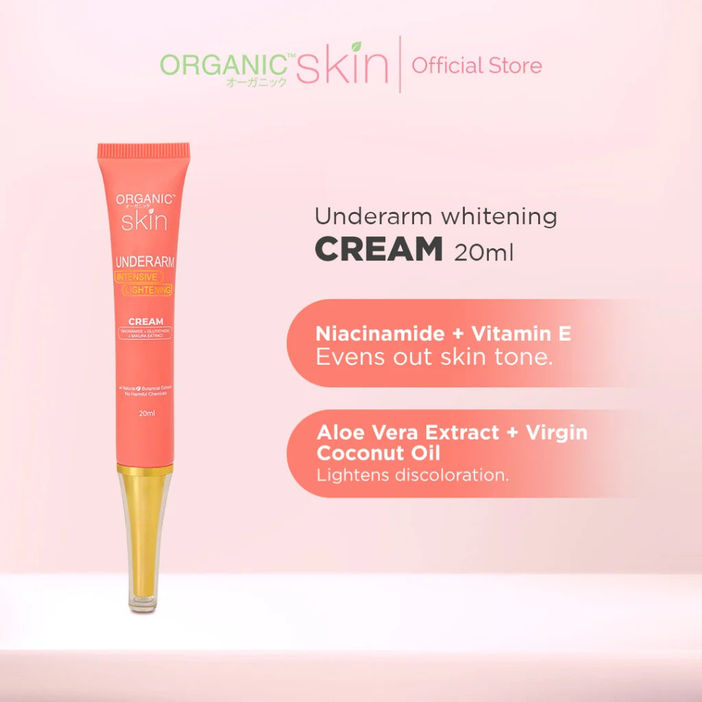 A product image featuring Organic Skin Underarm Whitening Cream in a tube packaging with product information and branding displayed.