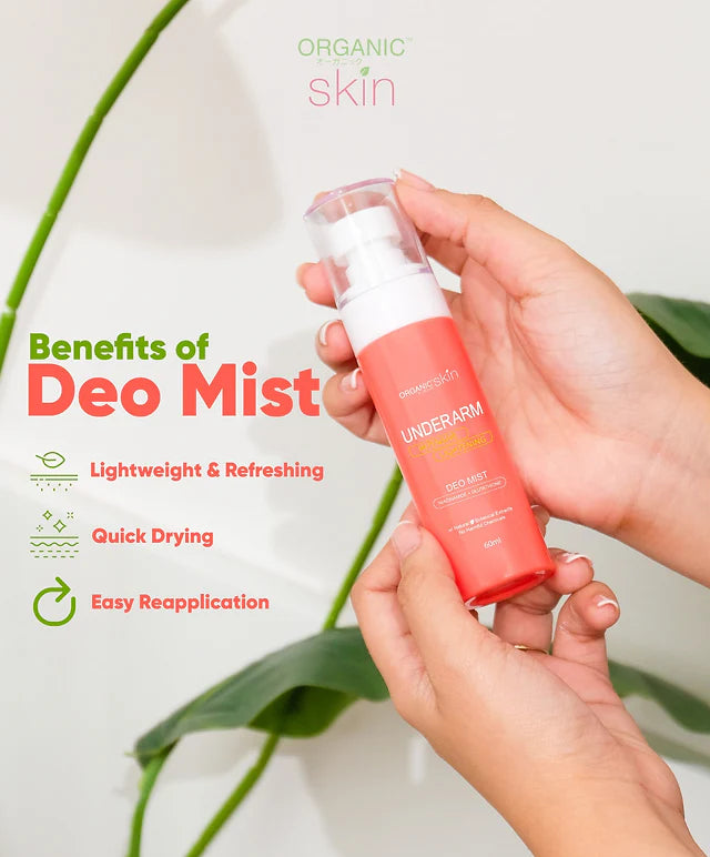 Hand holding a deodorant mist spray with benefits listed on a light background