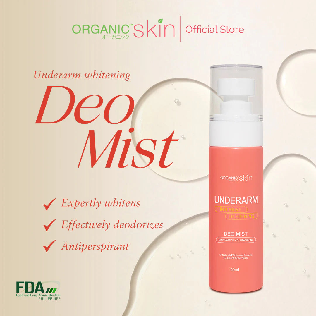 Organic Skin Underarm Whitening Deo Mist bottle with product details on a beige background