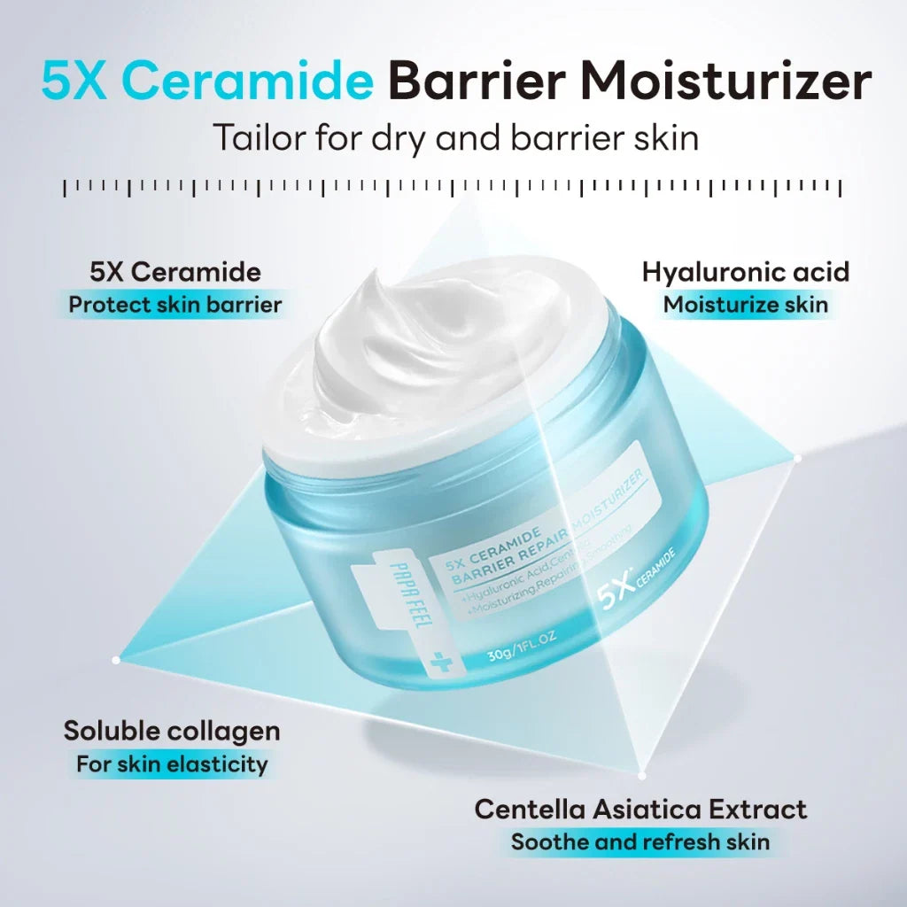 5X Ceramide Barrier Moisturizer with product details on a light gray background