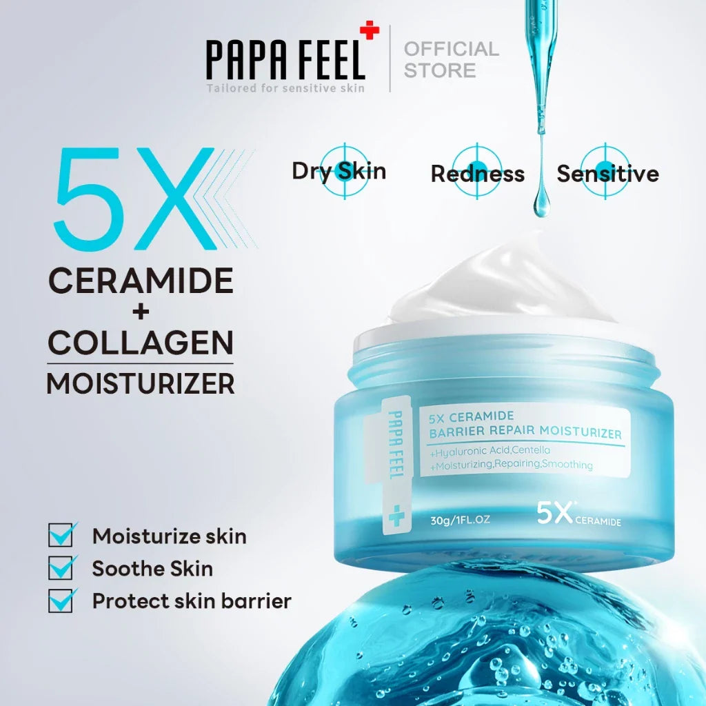 Papa Feel moisturizer jar with product features on a light gray background