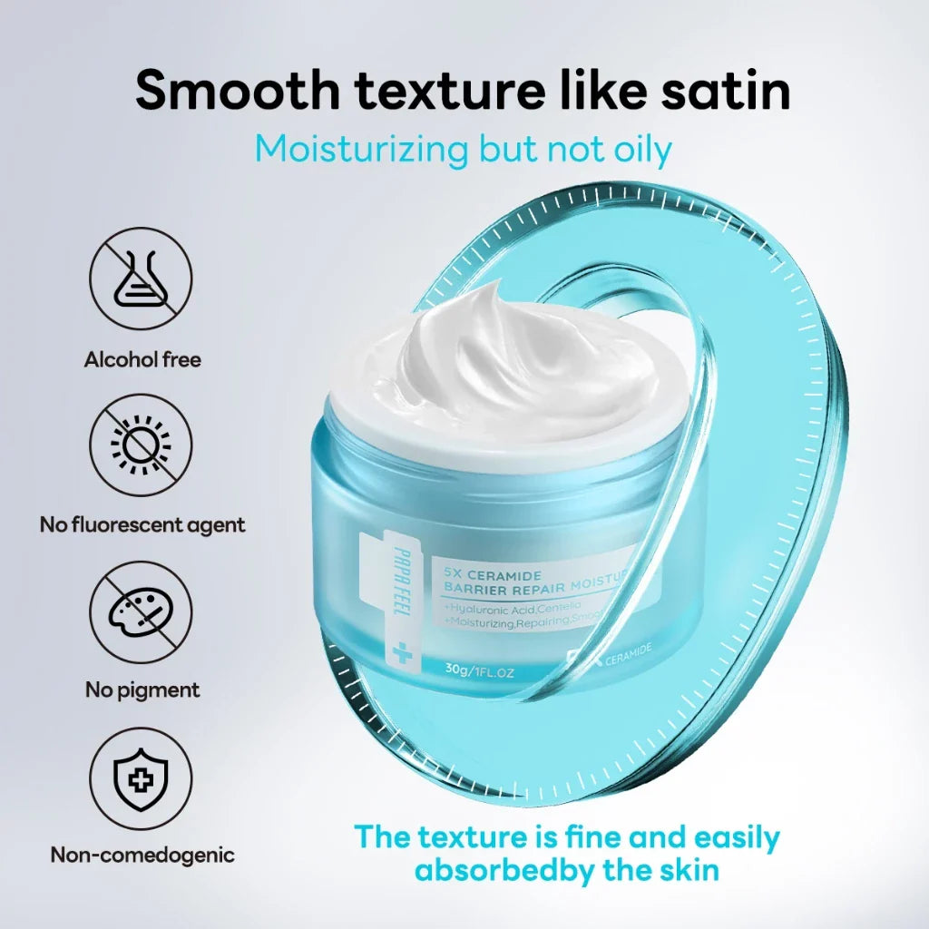 Jar of cream with text highlighting its smooth texture and benefits on a light blue background