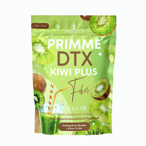 Green package of Primme DTX Kiwi Plus Fiber supplement with kiwi illustrations on a white background