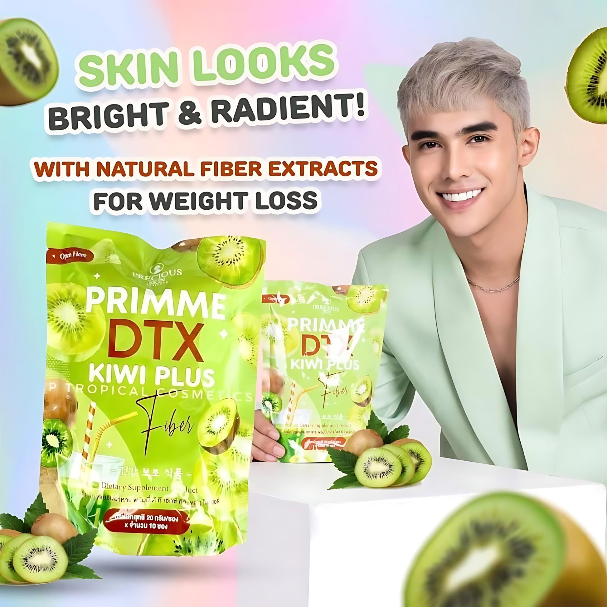 Person holding Primme DTX Kiwi Plus fiber supplement packages with kiwi fruits and promotional text on a colorful background.