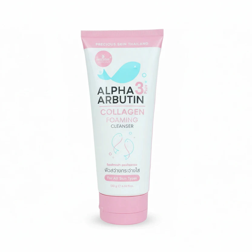 Alpha Arbutin collagen foaming cleanser on a pink background with product features highlighted.