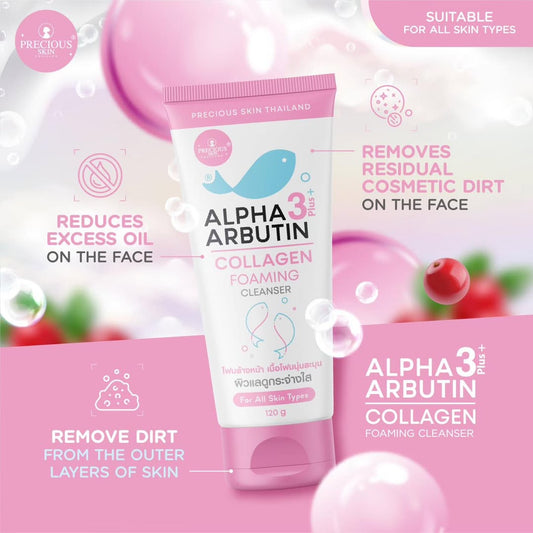 Alpha Arbutin Collagen Foaming Cleanser packaging on a pink background with product features highlighted.