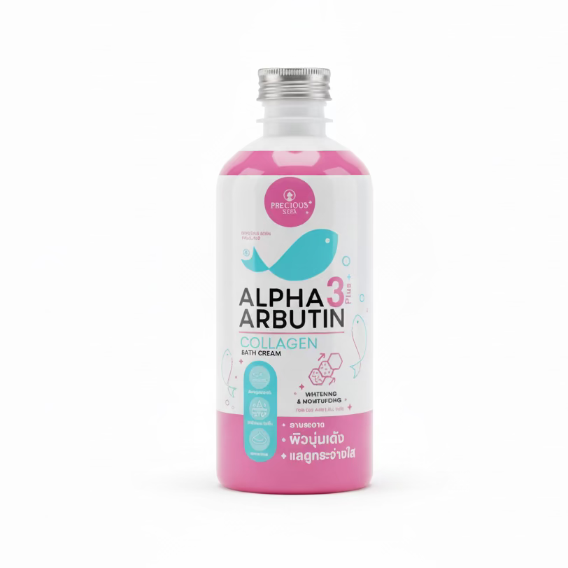 Bottle of Alpha Arbutin Collagen Bath Cream on a neutral background