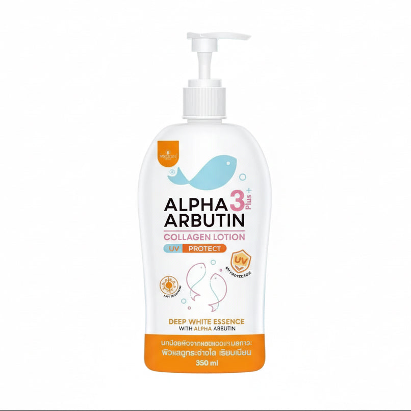 Alpha Arbutin collagen lotion with a woman's face on a blue background