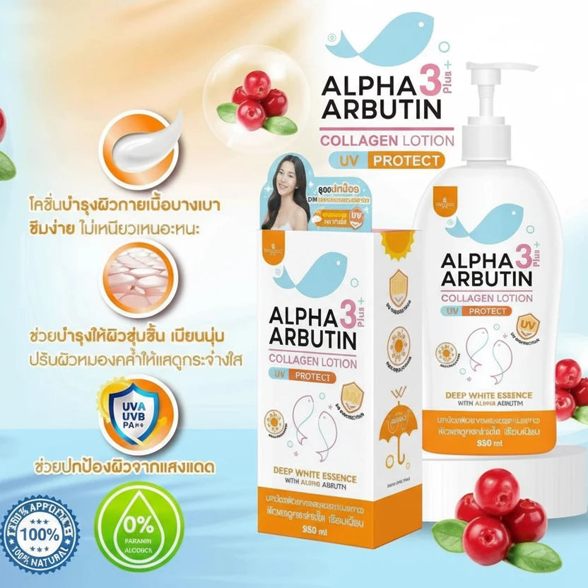 Alpha Arbutin skincare product packaging with lotion bottle and box on a blue background