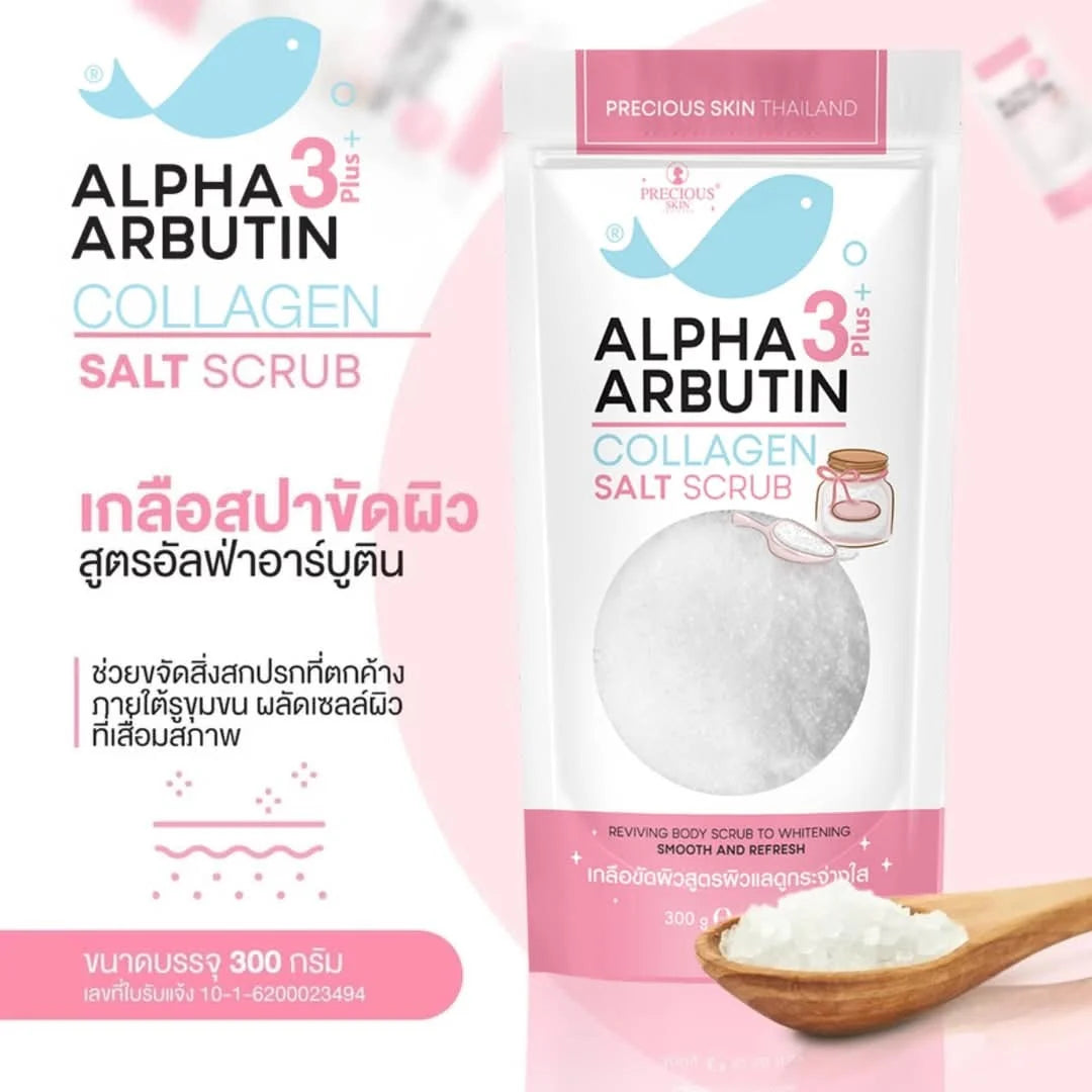 Alpha Arbutin Collagen Salt Scrub packaging with spoonful of scrub on pink background