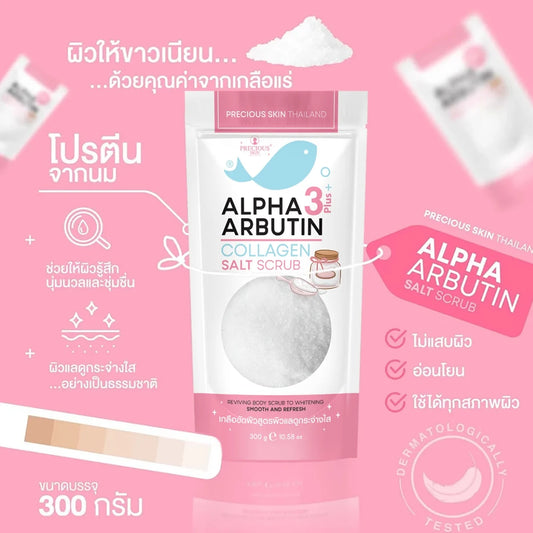 Alpha Arbutin Collagen Salt Scrub packaging on a pink background with text and icons.