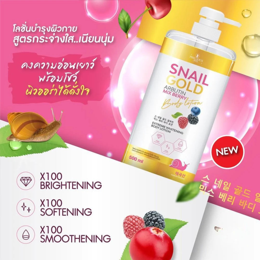 Snail Gold body lotion with fruit graphics and text on a pink background