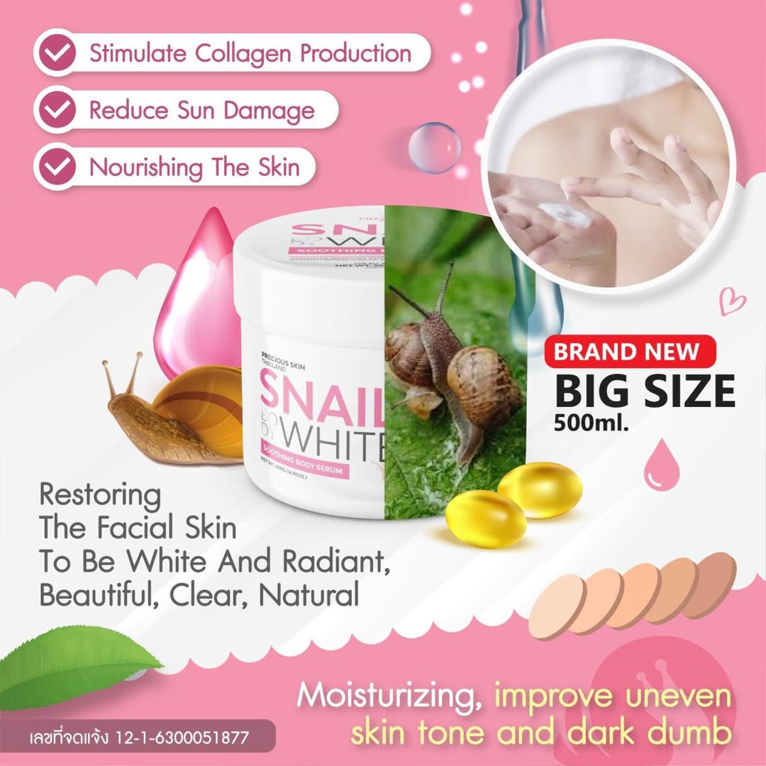 Snail white cream packaging with snail and snail mucin images on a pink background
