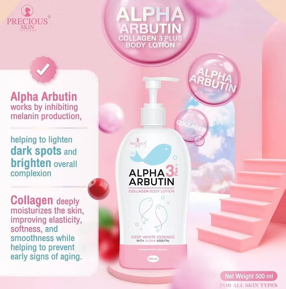 Alpha Arbutin Collagen 3 Plus body lotion with product details on a pink background