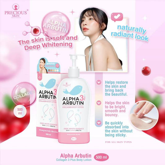 Advertisement for Alpha Arbutin skincare products with a woman and product packaging on a pink background.