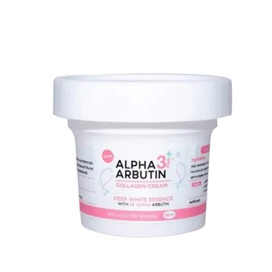 Alpha Arbutin collagen cream packaging with pink and white design on a white background