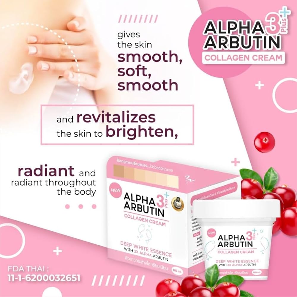 Alpha Arbutin collagen cream packaging with promotional text on a pink background