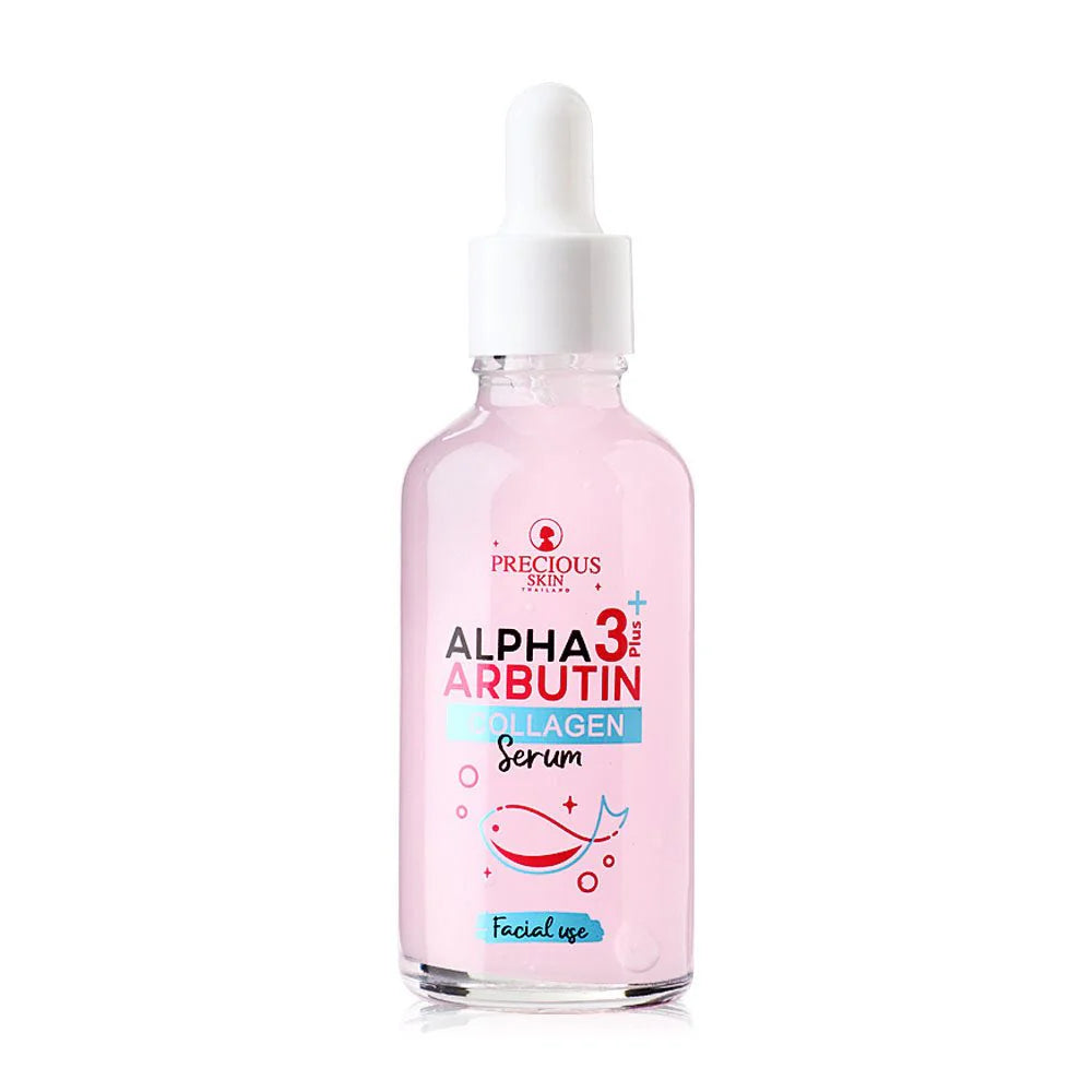 Pink serum bottle with dropper labeled 'Alpha Arbutin Collagen Serum' on a white background