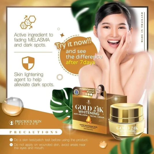 Advertisement for Gold 21K Whitening Facial Cream with a woman showing her skin, featuring text about active ingredients and benefits.