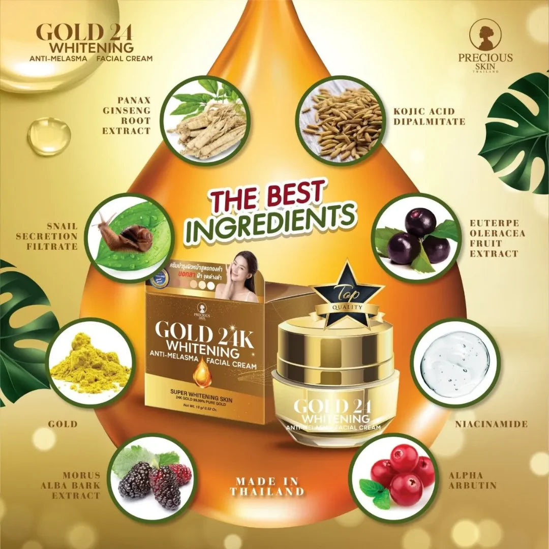 Gold 21 Whitening facial cream packaging with ingredients listed on a decorative background