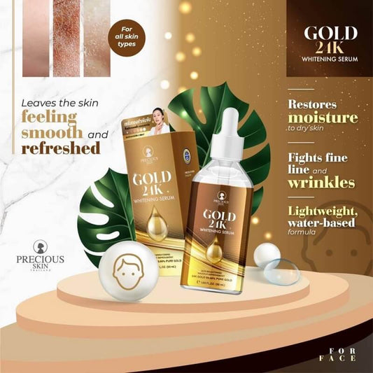 Gold 24K Whitening Serum packaging with text highlighting benefits on a decorative background