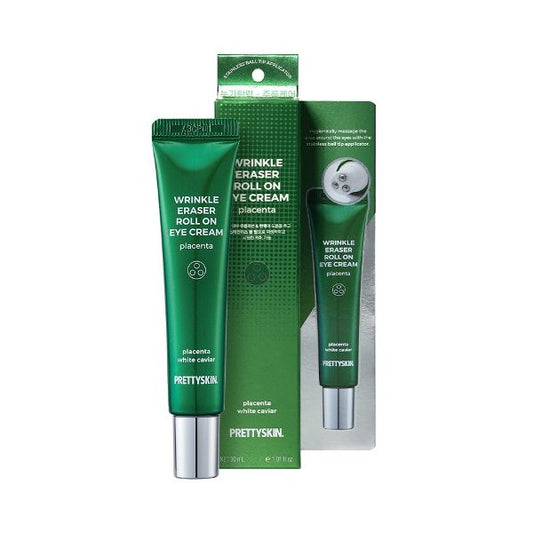 PrettySkin Wrinkle Eraser Roll On Eye Cream with packaging on a white background