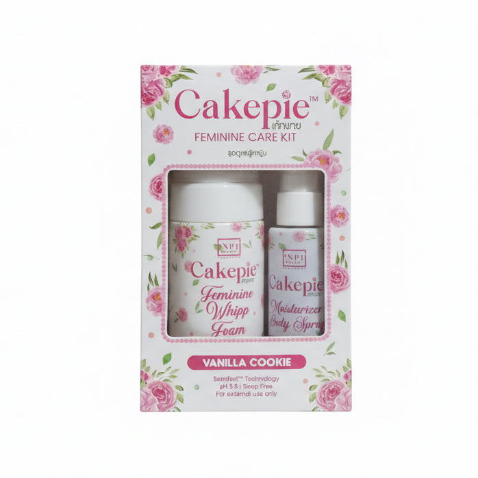 Cakepie Feminine Care Kit packaging held by a hand against a neutral background