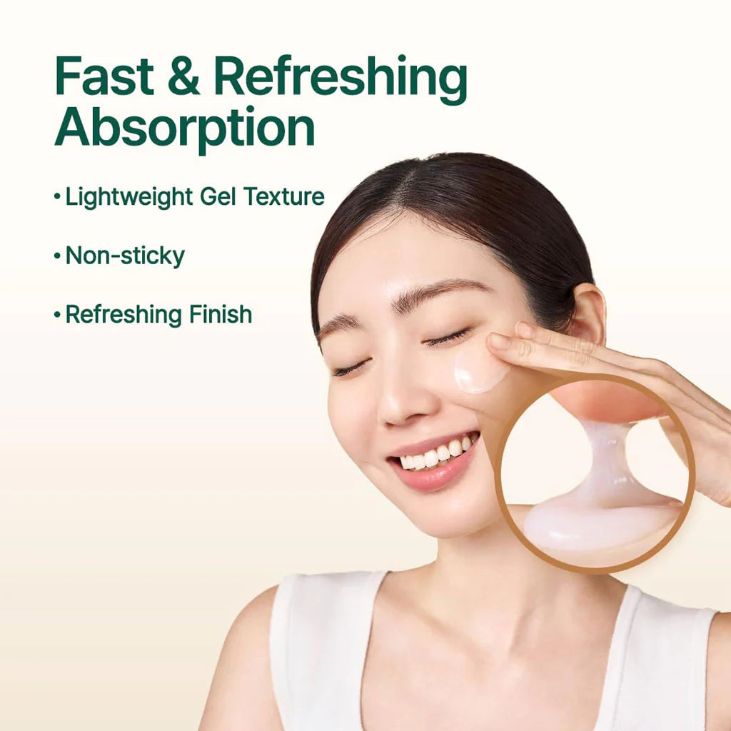 Woman applying cream to her face with text highlighting fast and refreshing absorption properties.