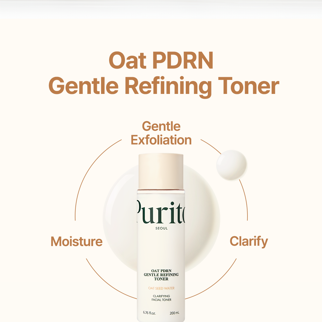 Purity Mugeen Oat PDRN Gentle Refining Toner bottle with product features on a white background