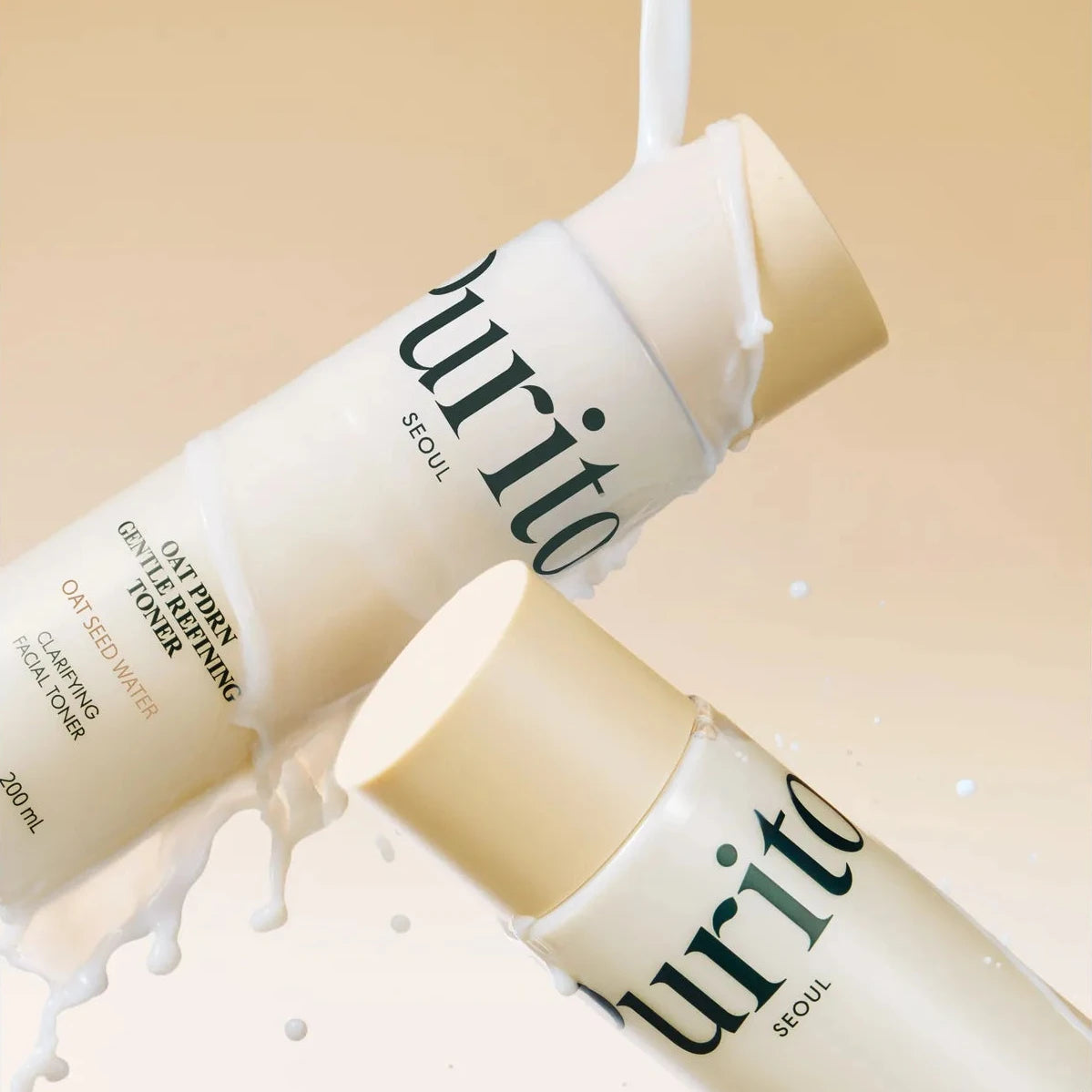 Two bottles of Purito skincare product on a beige background with white liquid.