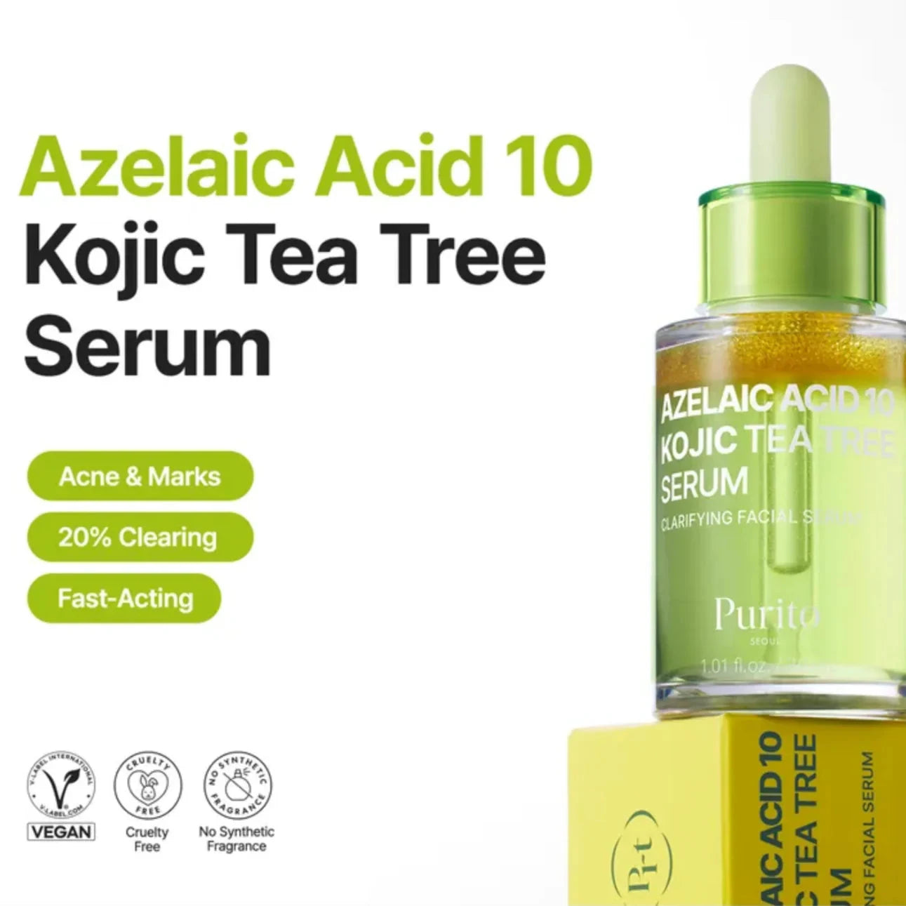 Purito Azelaic Acid 10 Kojic Tea Tree Serum bottle with packaging on a white background