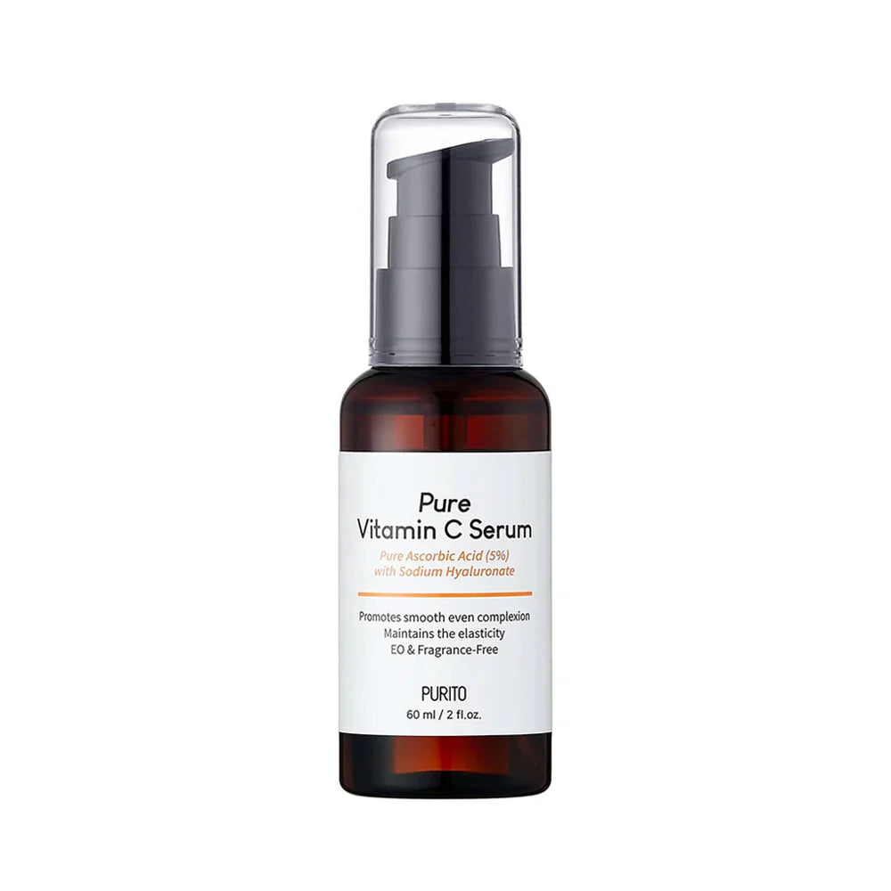 A bottle of Purito Pure Vitamin C Serum with a pump dispenser, labeled for brightening and firming the skin.