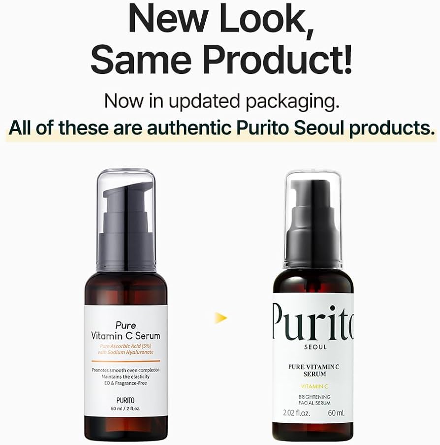 Two bottles of Purito Seoul Pure Vitamin C Serum with text about new packaging.