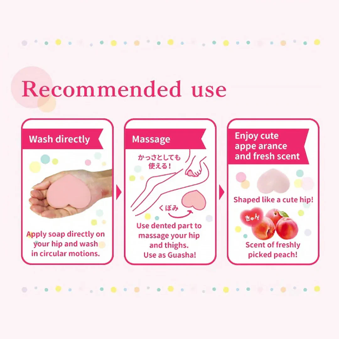 Instructions for using a product shaped like a cute hip with peach scent on a white background.