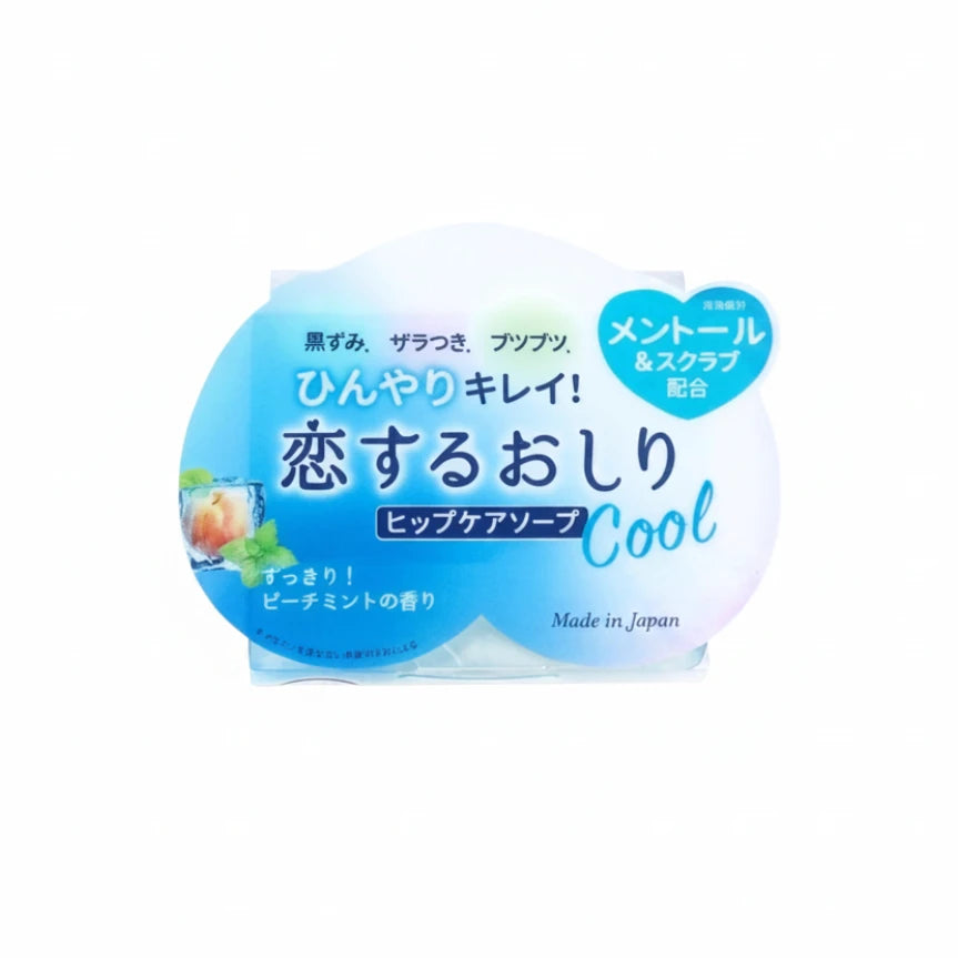 Packaged soap with blue and white design on a light gray background