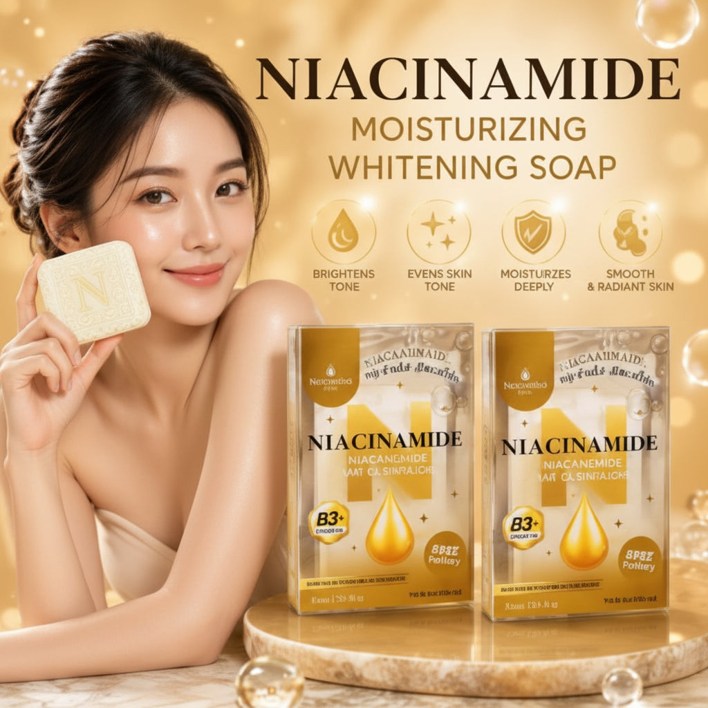 Woman holding a Niacinamide soap bar with product packaging in the background