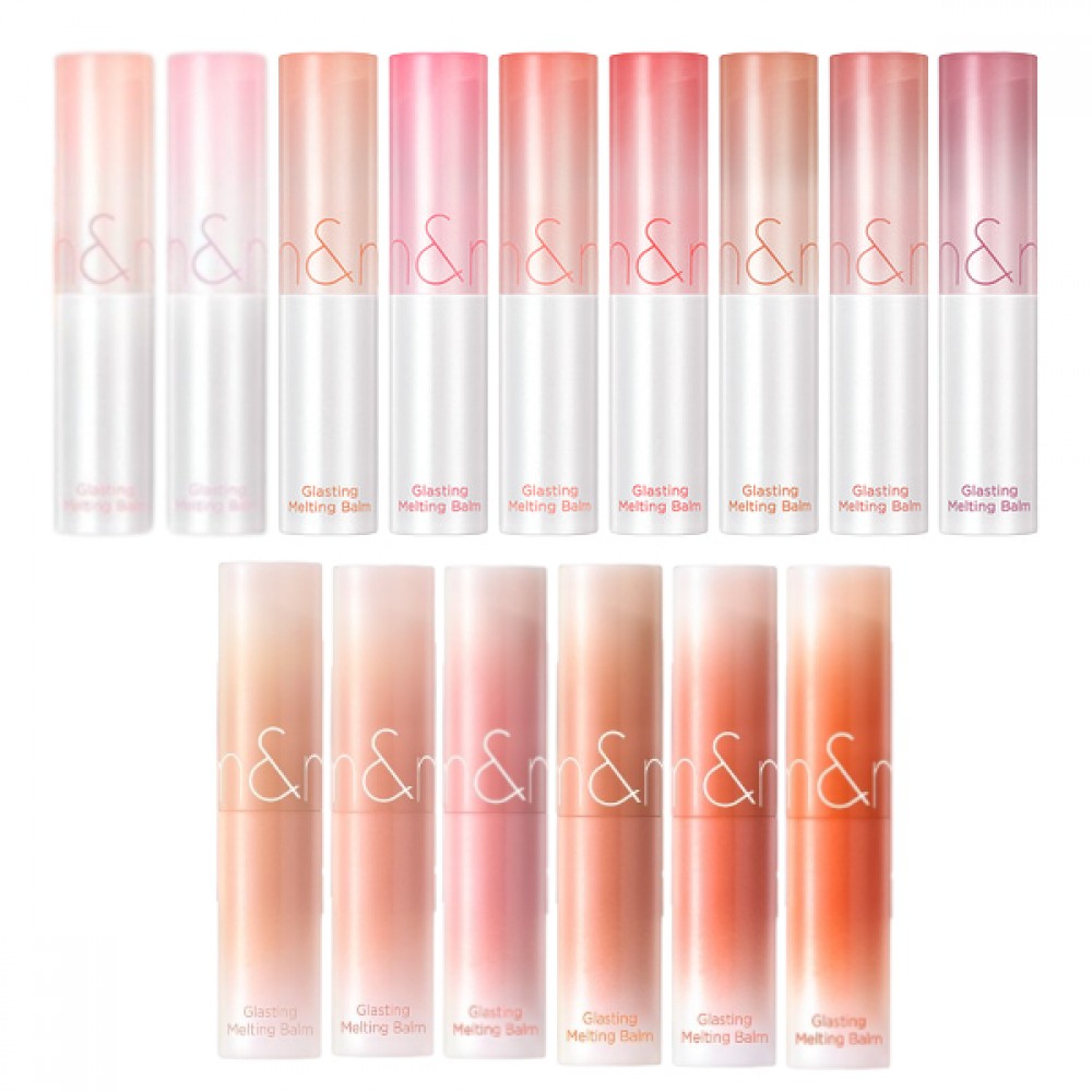 A collection of lip balms in various shades ranging from pink to red, each tube labeled with the brand name.