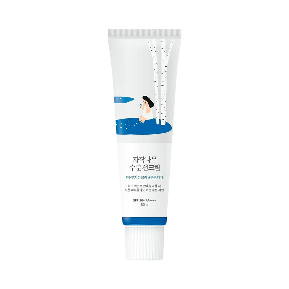 Tube of Birch Juice Moisturizing Sun Cream with SPF50+ PA++++, predominantly white packaging with blue accents and a graphic of a person applying cream.
