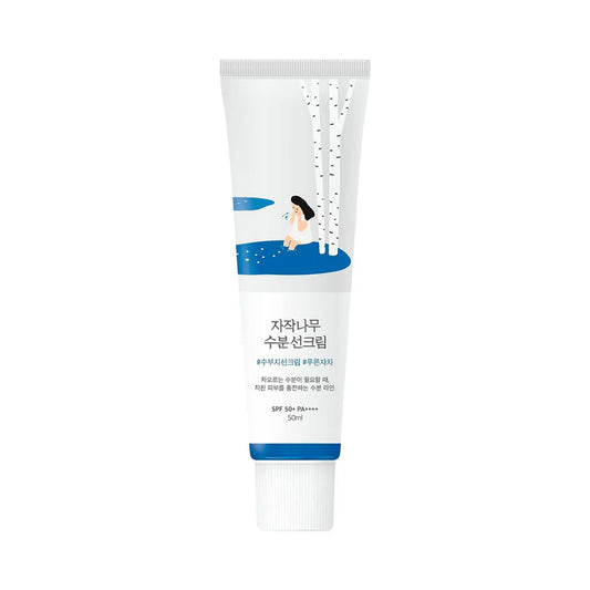 Tube of Birch Juice Moisturizing Sun Cream with SPF50+ PA++++, predominantly white packaging with blue accents and a graphic of a person applying cream.